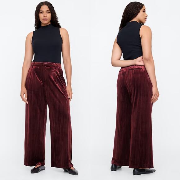 GAP Recycled Easy Crinkle Velvet Trousers Womens 8 Tall Noir Red Stretch - Picture 5 of 14
